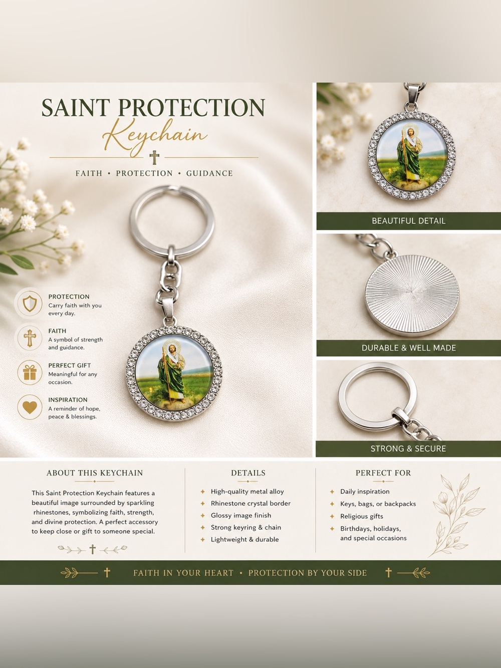 Saint Protection Crystal-Trim Round Keychain - Green